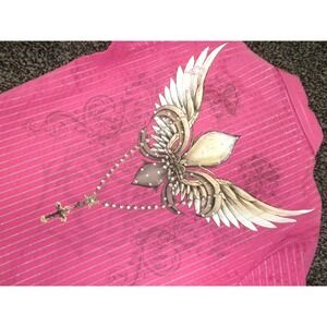 Alexito Shirt Mens M Pink Crucifix Angel Wings Rhinestone Button 3/4 Cuff Sleeve